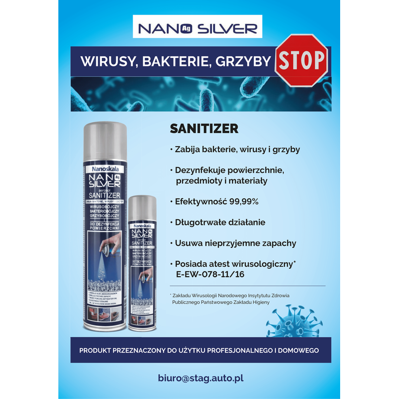 NANOSKALA NANO SILVER SANITIZER 500ml   (atest PPZH)
- preparat antywirusowy,antybakteryjny antygrzybiczy do powierzchni